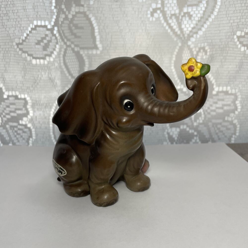 Vintage Josef Baby Elephant Holding Flower Figurine Ceramic Brown